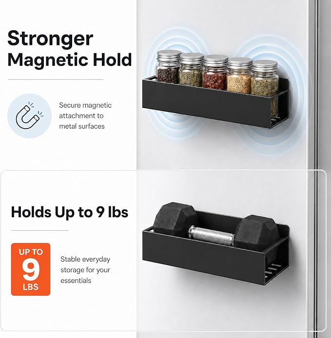 SMRCAD 6 Pack Metal Magnetic Spice Rack for fridge, Heavy Duty | Iron + Magnet | Holds 9 lbs per shelf | Full-back magnets | Screws included | Climate Pledge Friendly