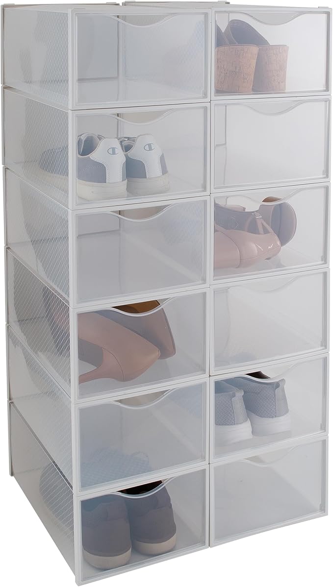 Simplify Set of 12 Stackable Shoe Boxes | Customizable | Fits Size 11 Shoes | Drop Front Design | Closet Storage | Sneakers | Heels | Clear and White