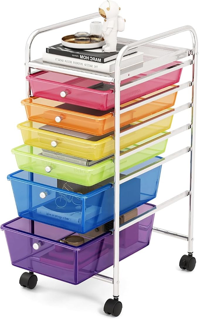 DREAMADE Rolling Cart with Storage Drawers, Utility Cart with Removable Plastic Drawers, Lockable Wheels, Art Cart for Classroom Organization Art Supplies Office Scrapbook (6 Drawers, Rainbow)