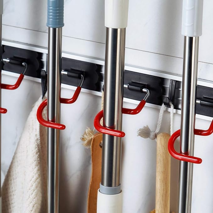 Wall Mounted Mop and Broom Holder Stainless Steel S Type Broom Rack Anti-Slip Mop Organizer (17 Inches,4 Positions 3 Hooks, Red black) (17inch)