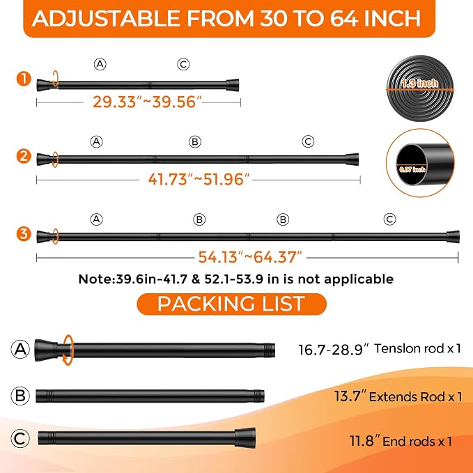 Tension Curtain Rod for Window 30 to 64 Inch 7/8" Diameter Adjustable Spring Loaded Curtain Rods No Drilling Black Tension Rods for Doorway Closet Door Kitchen Bathroom
