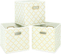 Fabric Cloth Storage Bins,Fabric Cube Organizer with Dual Handles Foldable Cube Storage Baskets for Home Bedroom Storage,Set of 3,(Creamy-White Gold)