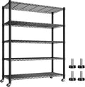 Xcity Storage Shelves, 5 Tier Heavy Duty Metal Shelving Unit with Wheels, 2500 LBS Adjustable Steel Wire Shelf for Commercial, Pantry, Kitchen, Garage, 18" D x 48" W x 72" H, Black