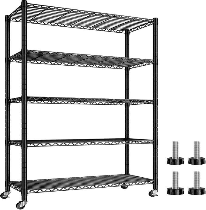 Xcity Storage Shelves, 5 Tier Heavy Duty Metal Shelving Unit with Wheels, 2500 LBS Adjustable Steel Wire Shelf for Commercial, Pantry, Kitchen, Garage, 18" D x 48" W x 72" H, Black