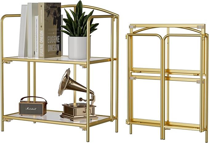 Crofy 2-Tier Foldable Bookshelf, Gold Frame & Transparent Shelves | No-Assembly Collapsible Portable Storage Organizer; Sturdy Transparent Shelves; Ideal for Living Room & Home Office