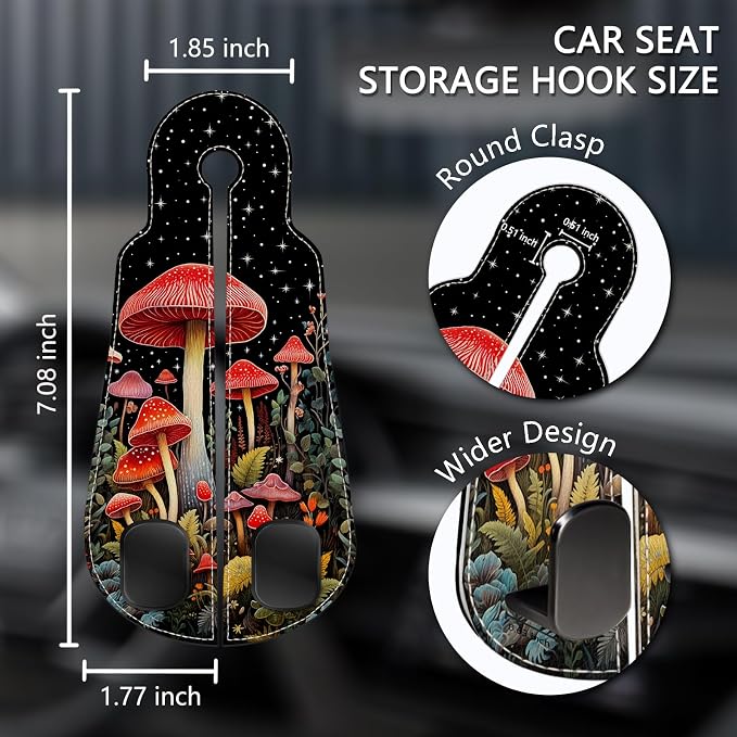 Blusabaca 2PCS Car Seat Headrest Hooks, Purses Bags Holder, Mushroom | PU Leather, Double Metal Back Storage Hangers for Grocery Bags Handbags Bottles Coats Phones, Car Accessories Organization