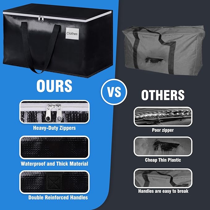 BlissTotes Moving Bags, Heavy Duty Moving Boxes with Zippers Top and Sturdy Handles, Storage Bags for Space Saving and Packing, Collapsible Moving Supplies, Storage Totes (125L, 8-Pack, Black)