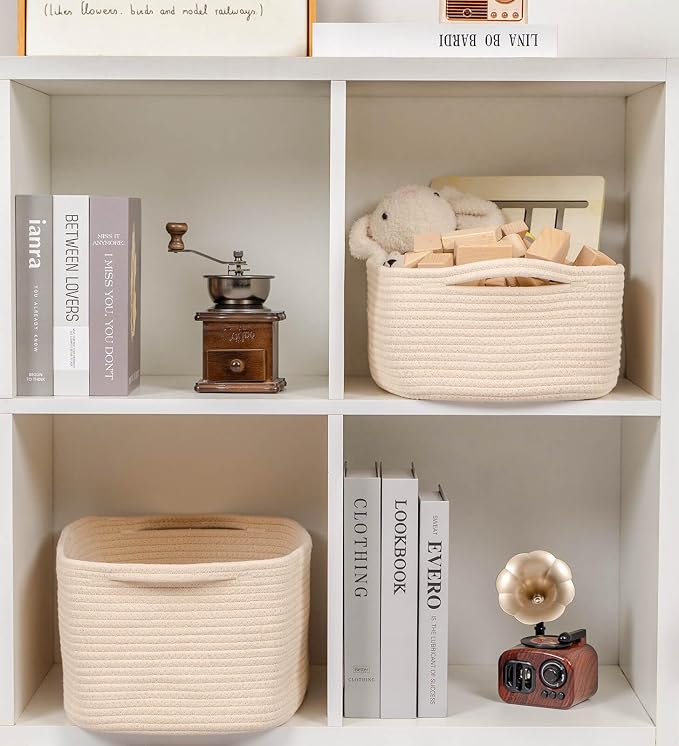 CubesLand Cute and Durable Small Cotton Rope Basket for Organizing | Woven Closet Storage Bin,Shelves Closet Storage Basket, Bathroom Storage Organizer Bin, Nursery Toy Basket Bin, Beige Basket