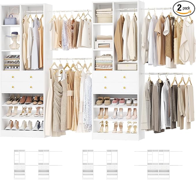 Besiost Closet System, Up to 134"/11.2 FT Closet Organizer with 4 Wooden Drawers and Shelves, Walk-in Closet System with 6 Hanging Rods, Built-in Closet Can Fit 96"/8FT, 120"/10FT, White Set 2