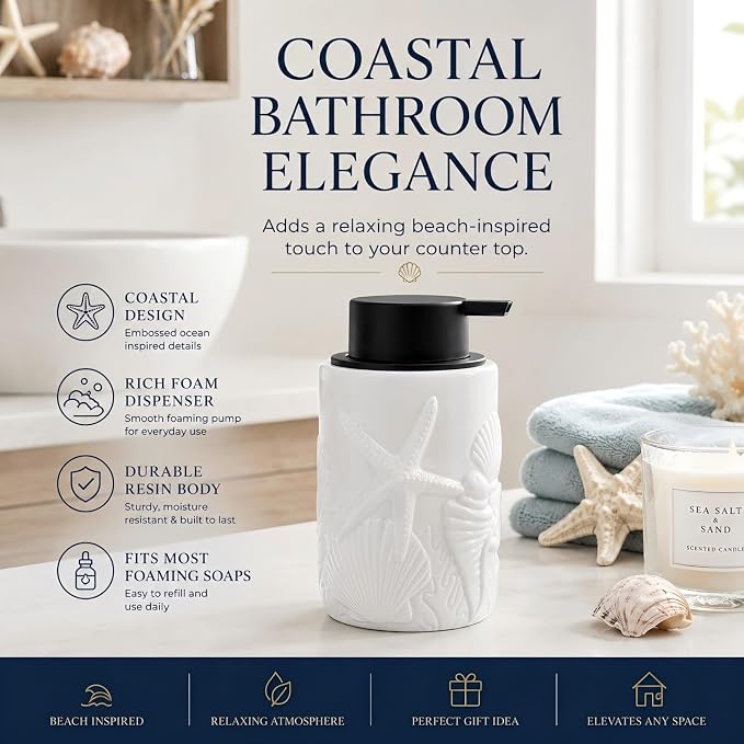 Foam Soap Dispenser, Coastal Resin Soap Pump, Refillable, 12 oz | Coastal foam soap dispenser with handcrafted starfish and seashell design for beach-inspired bathrooms.