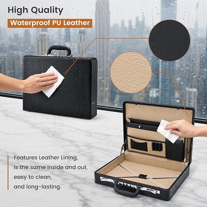 Briefcases for Men Carrying Case Document Attache Case for 16 Inch Laptop Waterproof Faux Leather Multi File Organizer with Anti-Theft Lock Professional Business Case for Work Office Travel, Black
