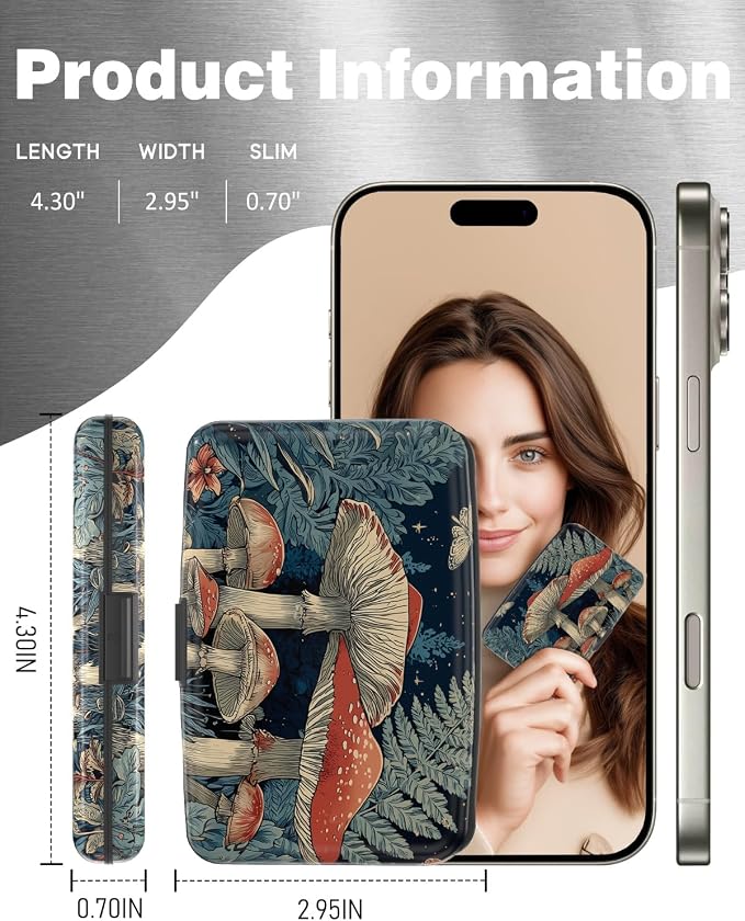 Maicican Credit Card Holder, Mini RFID Blocking Aluminum Wallet | Slim Metal Hard Case Travel Wallet ID Case for Women and Men, 4.3 x 2.9 Inches, Starry Night Mushroom