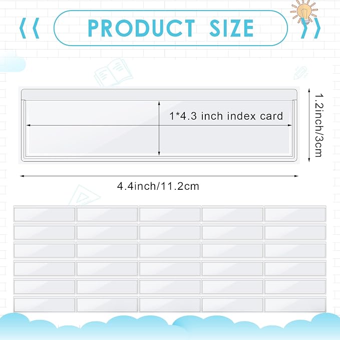 30 Pack Self-Adhesive Index Card Pockets with Top Open for Loading - Ideal Index Card Holder for Organizing and Protecting - Crystal Clear Plastic(1.2 x 4.4 Inches)