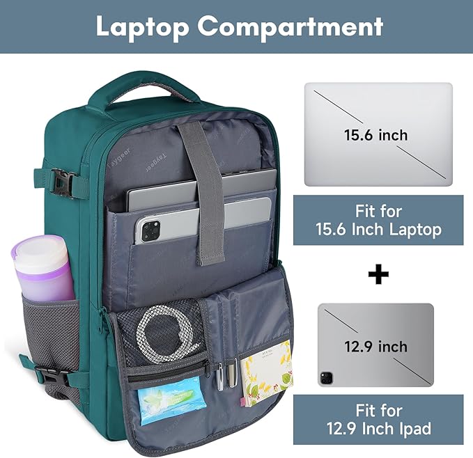 Taygeer Carry on Backpack for Men Women, Luggage Laptop Backpack | Airplane Travel Mochila with Water Bottle Pocket, 35L Water Resistant Gym Weekender Bag for College Gift, Peacock Blue