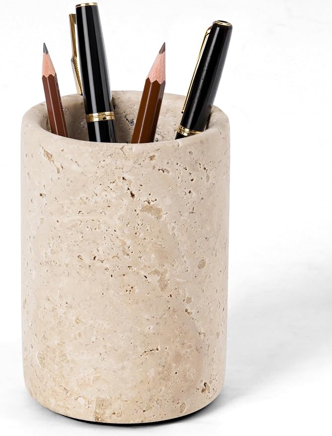 Radicaln Marble Pen Holder For Desk 4" Inches Travertine Handmade Pencil Holder & Pen Holder for Home & Office Desktop Organizer, Ideal Marble Toothbrush Holder