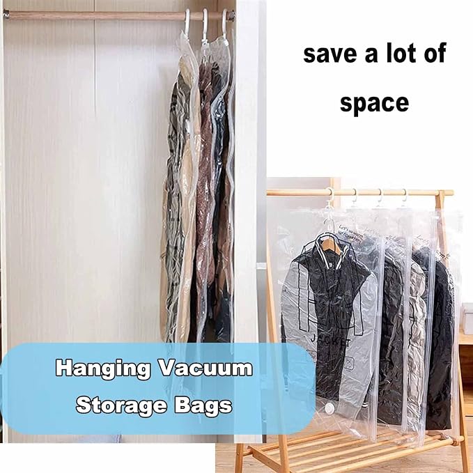 FETNHU Hanging Compressible Storage Bag, Hanging Vacuum Storage Bags with Pump, Reusable Space Saver Vacuum Storage Bags for Home Closet Organization Compression Seal (2PCS,M 67 x 90cm)