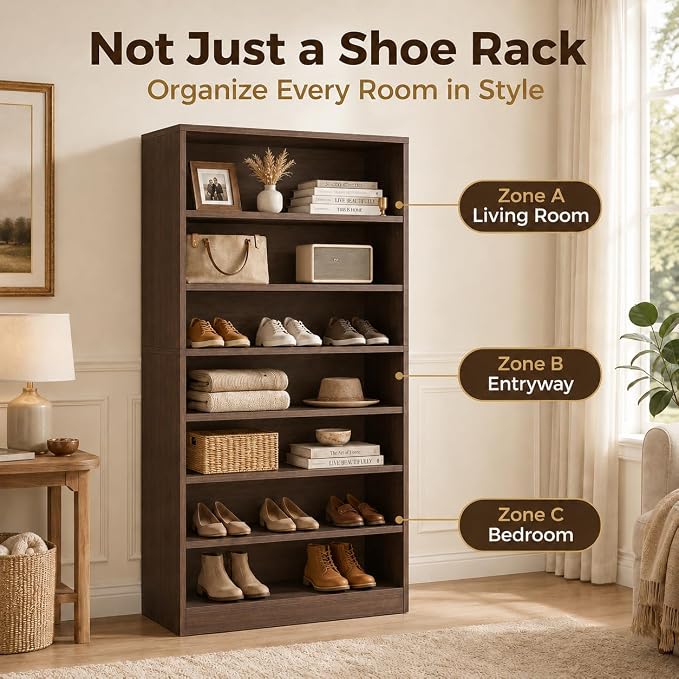 Homieasy 9-Tier Tall Shoe Rack Cabinet for Closet & Entryway, Walnut | Wooden Narrow Shoe Organizer Cabinet with Adjustable Shelves, Freestanding, for Bedroom, Hallway