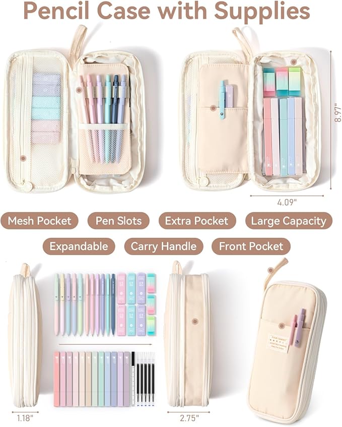 Four Candies 39 PCS Aesthetic School Supplies with Cute Pen Case, 12 Pastel Highlighters, 5 Black Ink Gel Pens, 6 Mechanical Pencils Set for Students Stationary College Essentials (Cream)