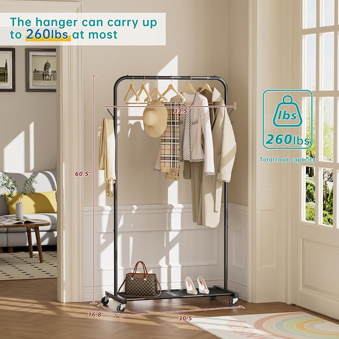 SINGAYE Wardrobe Standing Closet Clothing Rack With Shelf Hanging Clothes | Wardrobe Open Compact Small Metal Garment Hanger Stand Alone Free Standing Black Closet Rack Storage Organizer Heavy Duty