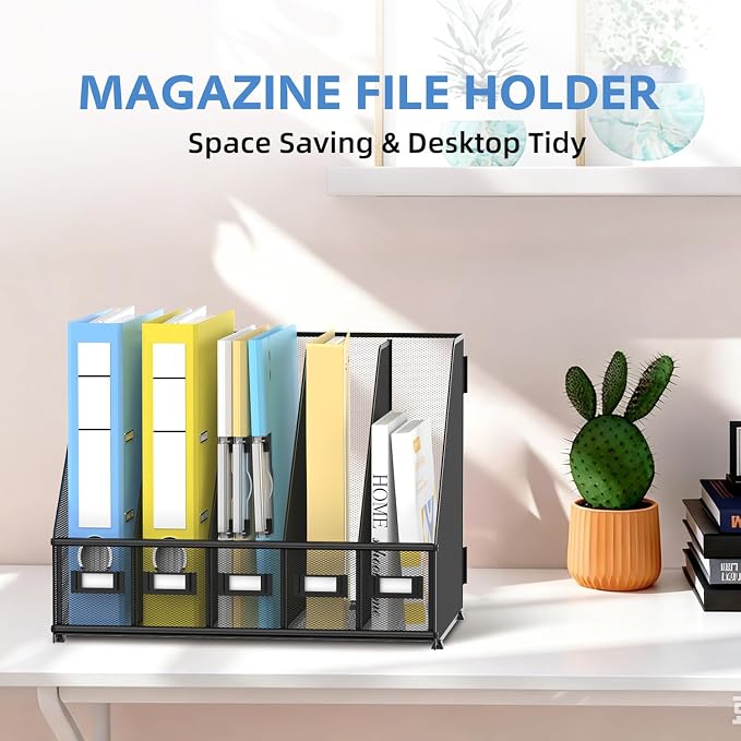 5 Vertical Compartments Magazine File Holder, Metal Binder Organizer, Black | Space-Saving Desktop Storage, Built-In Label Holders, Anti-Slip Feet, Sized for Binders, Folders, Magazines and Files