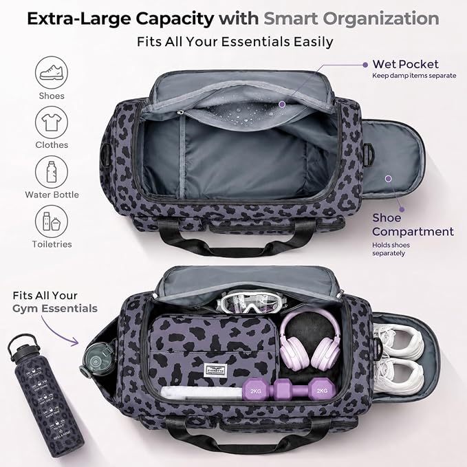 FIORETTO Women's Gym Duffle Bag with Shoes Compartment, 30L Capacity, Ideal for Travel, Gym, Sports, Duffel, Weekender