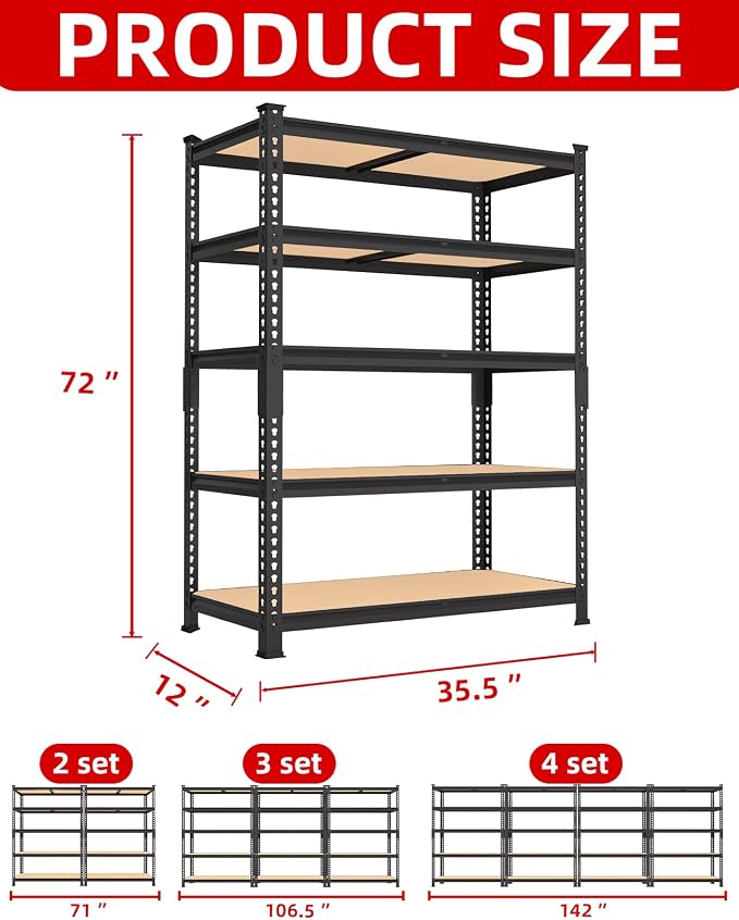 PrimeZone 35.5" x 12" x 72" Heavy Duty Storage Shelves - 5 Tier Adjustable Garage Storage Shelving, Metal Storage Utility Rack Shelf Unit for Warehouse Pantry Closet Kitchen, Black, 2 Pack