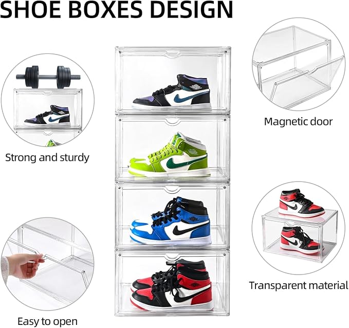 Clear Shoe Organizer,Stackable Shoe Display Case,Shoe Box Storage Bins with Magnetic Door,Fit Shoe Size Up to US 14 (X-Large-3Pack)