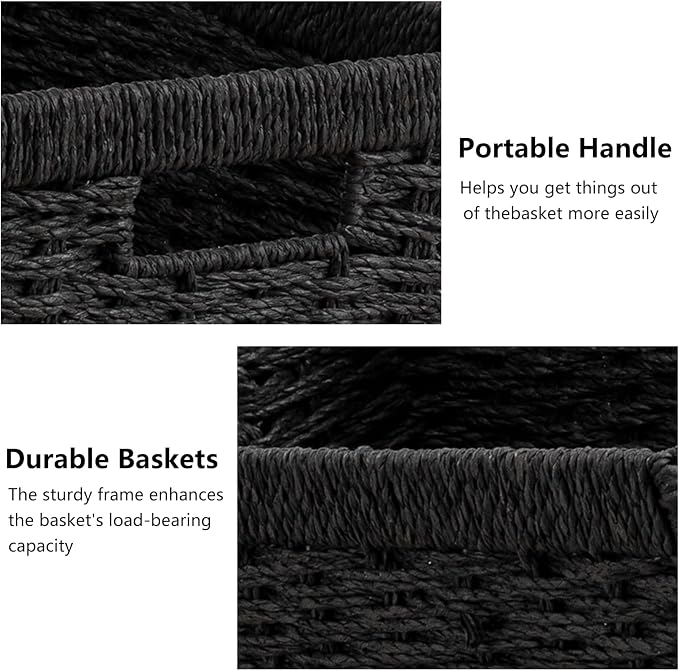joybest Black Wicker Baskets for Shelves, 13.4L x 8.3W x 7.1H inch Hand-woven Storage Baskets for Pantry Organizing, Foldable Rectangular Bin with Handles, 4-pack