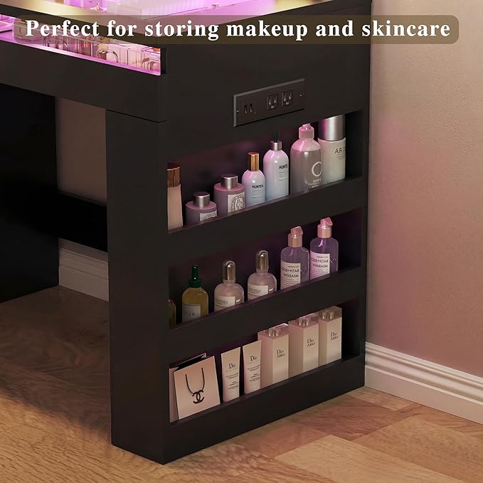 HUAHUU Vanity Desk with Lighted Mirror & Transparent Top, Makeup Vanity Desk with 4 Transparent Drawers and RGB Lighting, Built-in Power Outlet, 3-Tier Side Shelves & Storage Organizer for Bedroom