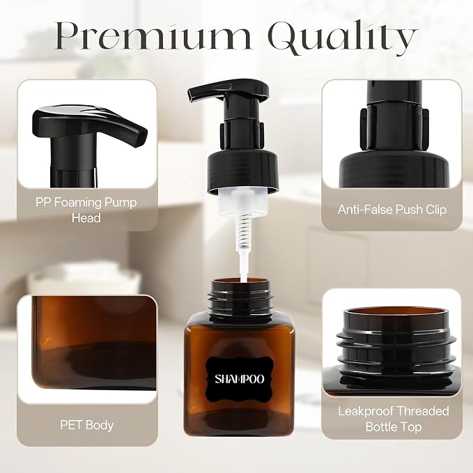30 PCS 8.5 oz Foaming Soap Dispenser Plastic Foaming Pump Bottle, Refillable Dispenser with Plastic Pump, Empty Hand Bottles for Liquid Soap, Shampoo, Bathroom,Hotel,Restaurant (30, Brown)
