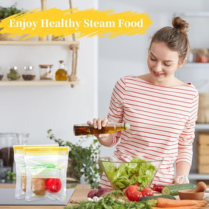 12 Pcs Microwave Steam Bags for Cooking Reusable Zipper Steam Vegetable Bag Frozen Food Heating Bags for Faster Vegetables Seafood and Meat, 7.1 X 7.9 Inches (12)