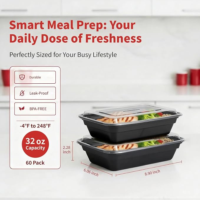 60 Pack 32 oz Plastic Meal Prep Containers with Lids,Microwave Safe | Take Out,Food Storage,Disposable Plastic Lunch Boxes,Sturdy,Freezer,Microwave,Dishwasher Safe,Stackable,Leak-proof