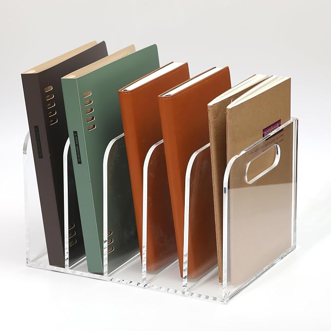Clear Acrylic Magazine File Holder, 5 Compartment Desk Organizer | 5 spacious vertical compartments hold magazines, files, books & more. Clear acrylic, non-slip base. No assembly, portable.