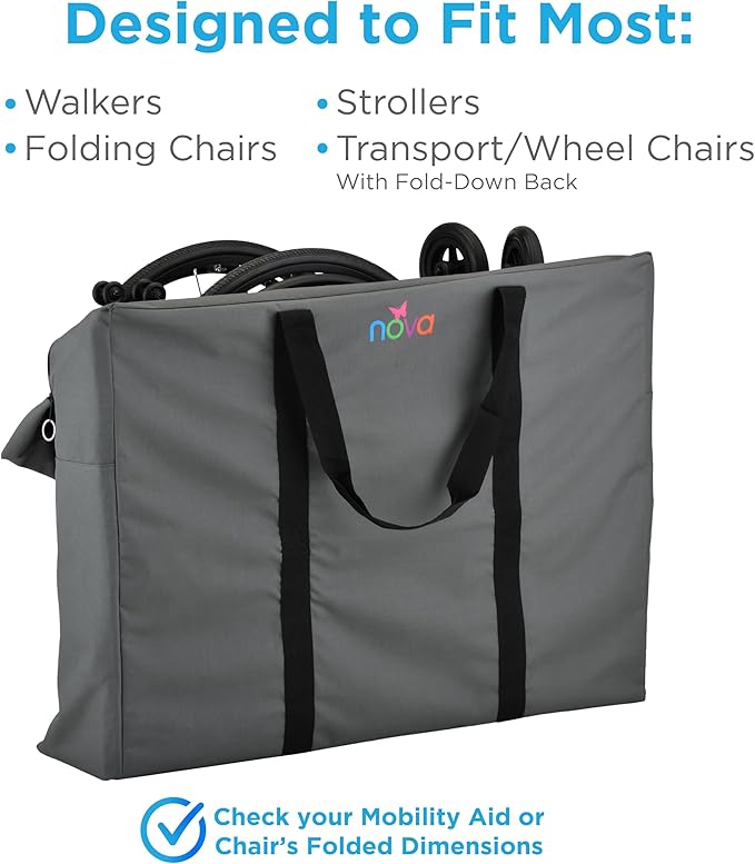 nova - Extra Large Mobility Travel Bag - Universal Carrier for Rollator Walkers, Folding Wheelchairs, and Transport Chairs - Durable Water-Resistant Storage Bag with Long Handles and Dual Zippers