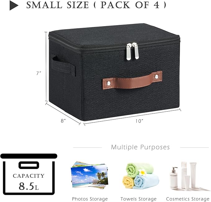 4 Pack Storage Bins with Zipper Lid Cotton Linen Fabric Lidded Storage Baskets Boxes Foldable Washable Closet Shelf Clothes Organizer Container with PU Leather Handles (Black, Small)