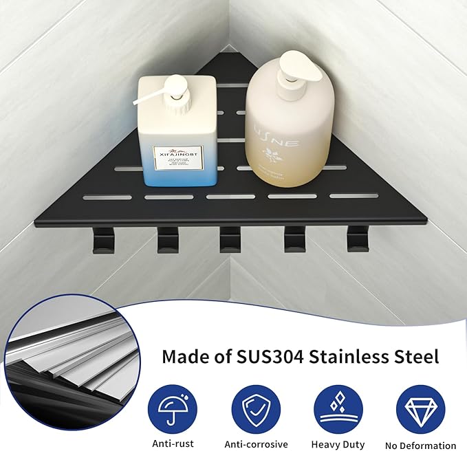 10'' Corner Shower Shelf | 304 Stainless Steel Shelves for Bathroom, Grout in Shelf with Hooks for Tiled Wall (Matte Black)