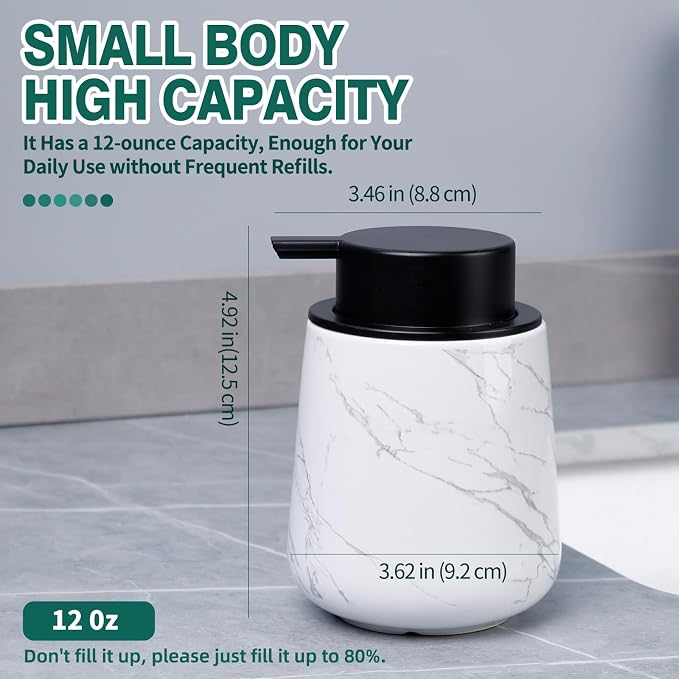 Bosilunlife 12Oz Ceramic Foam Soap Dispenser for Bathroom Kitchen Counter | Premium countertop foam pump creates delicate dense foam, stable desktop placement, Marble