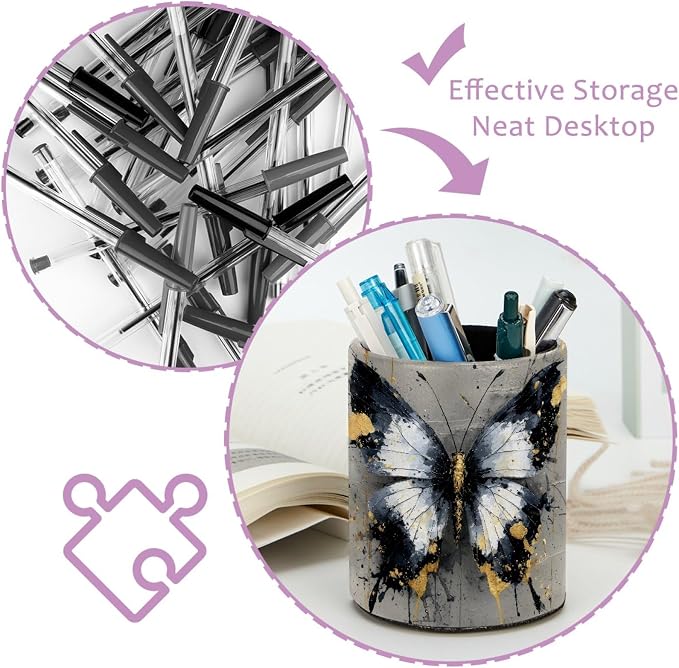 Leather Pen Holder for Desk, Watercolor Butterfly Pencil Cup Pen Organizer Makeup Brush Holder for Office Home Kids Countertop Desk Accessory Storage