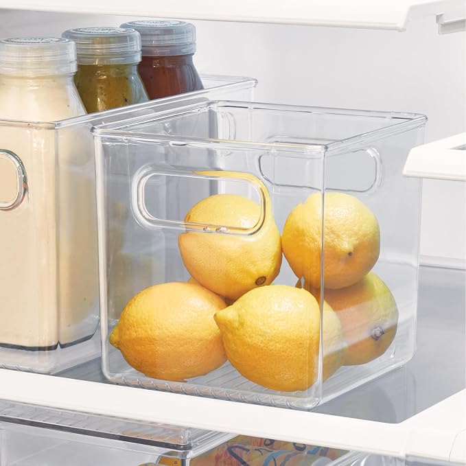 iDesign Pantry Storage Bins with Handles - Cube Organizer Bins for Cabinets or Fridge - Set of 2 - Clear