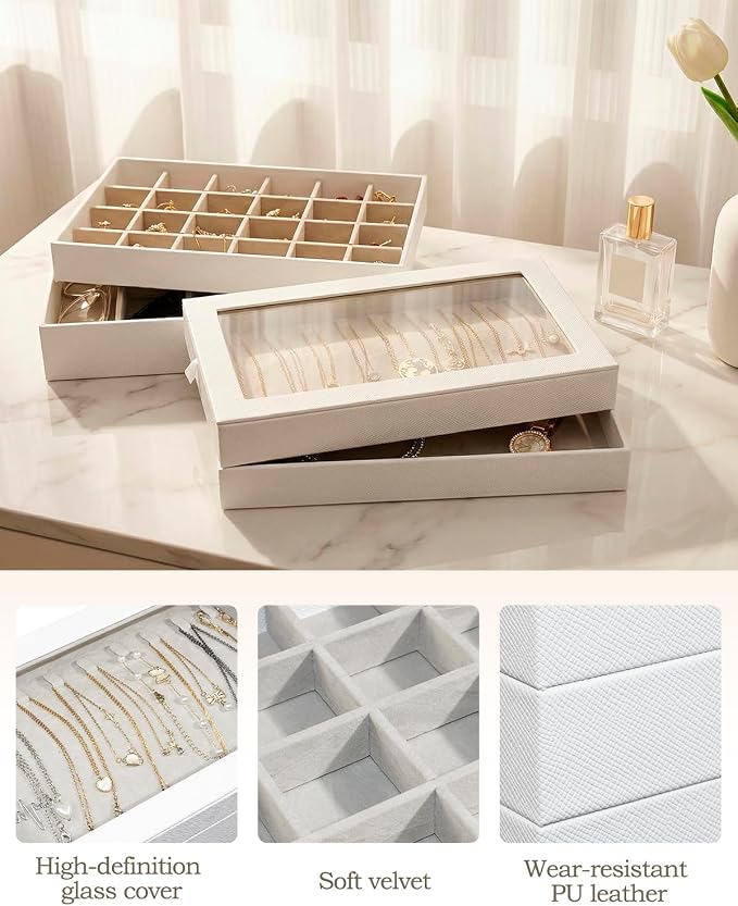 4-Layer Stackable Jewelry Organizer Trays with Tempered Glass Lid, White PU Leather Jewelry Drawer Inserts Display Case, Large Storage Box for Earring Necklace Ring Sunglasses