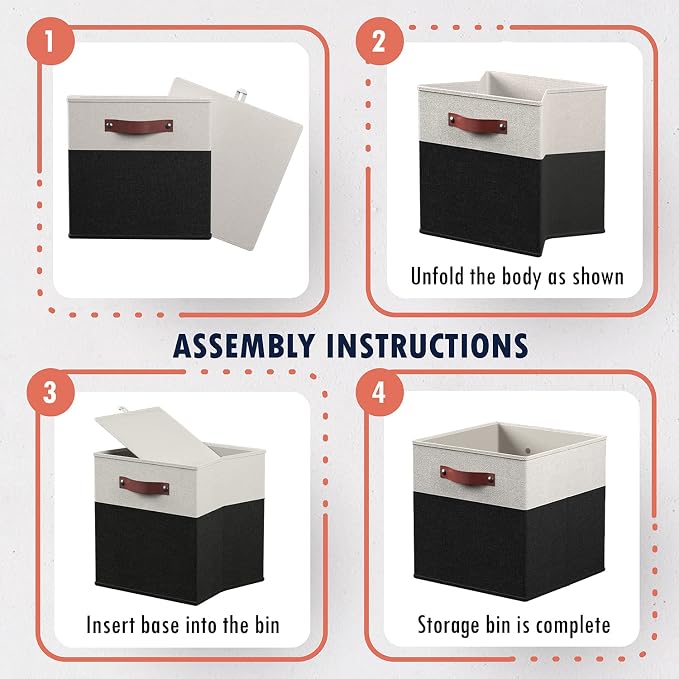 Ornavo Home 13x15x13 Foldable Fabric Storage Cube Bins, 6 Pack, White/Black | Collapsible Linen Shelf Basket Organizer; Leather Handles; Fits Cube Storage Shelving Units