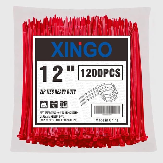 XINGO 12 Inch Red Zip Ties 1200 PCS, 75 LBS Ultra Strong Tensile Strength, UV Resistant Cable Ties, Self-locking Plastic Ties for Indoor and Outdoor Use