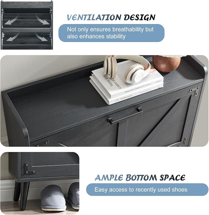 Barnyatoh Shoe Storage Cabinet with 2 Flip Drawers, Farmhouse Hidden Shoe Organizer, Narrow Slim Shoe Rack Cabinet for Entryway Hallway,Black