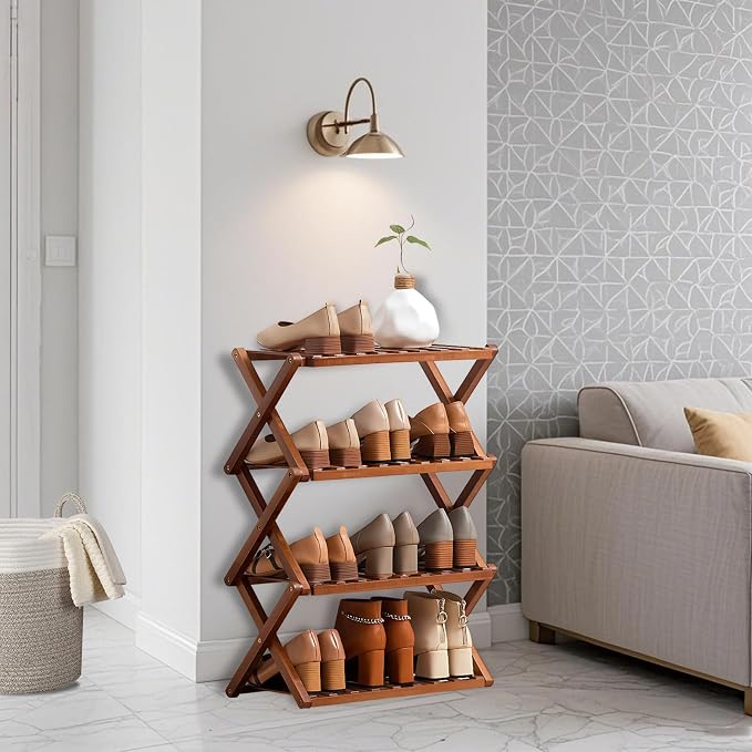 Jessie Bamboo Shoe Rack,Free Standing Shoe Rack for Closet,Portable Folding Shoe Storage Rack, Space Saving,Shoe Shelf for Bedroom Entryway Hallway Closet Living Room (Brown-5 Tier)