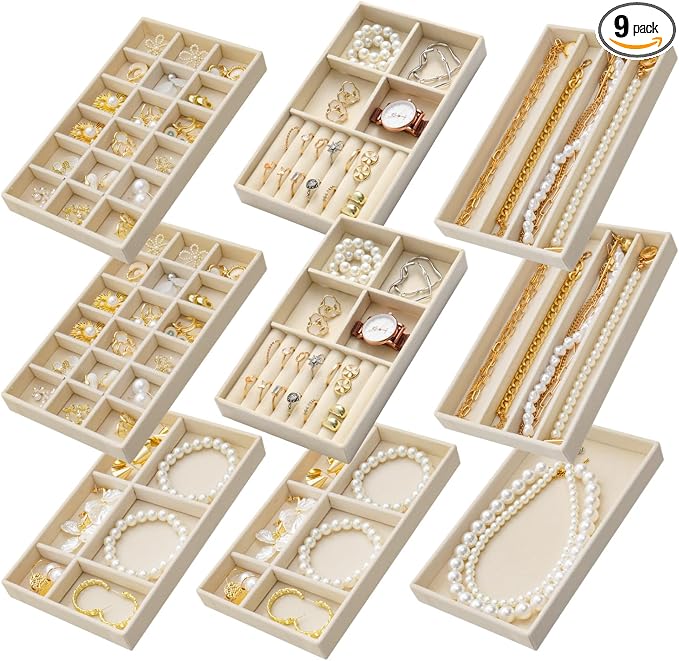 Stackable Jewelry Organizer Trays Set of 9, Small Velvet Jewelry Organizers Earring Necklace Ring Bracelet Display Case Storage for Drawer Dresser (Beige)