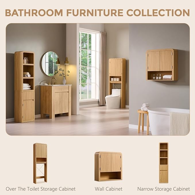 Over the Toilet Storage Cabinet, 69.69" Curved Bathroom Storage Organizer Cabinet with Doors and Adjustable Shelves, Wooden Free Standing Toilet Space Saver Rack, Natural