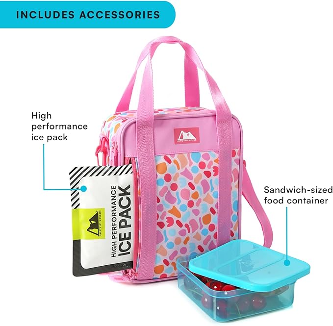 Arctic Zone Urban Lunch Box Combo for Kids with Gel Ice Pack and Sandwich Container, Insulated Bag for Travel Lunch with Adjustable Strap, Tutti Frutti