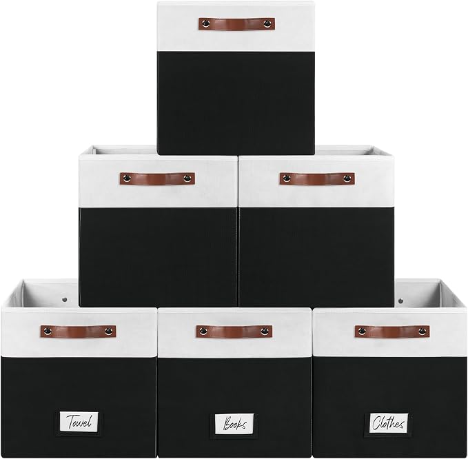 FinishingBo 13 inch Storage Bins with Labels 6 Pack | PU Leather Handles, Foldable Storage Cubes, Storage Baskets, Closet Storage, White/Black