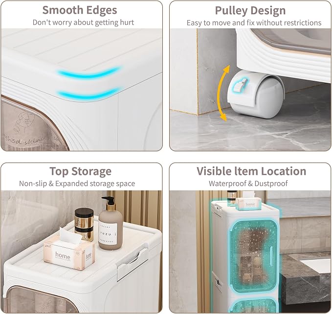 3 Tier Slim Bathroom Storage Cabinet, Foldable and Movable, White | Tools Free, ABS and PET, Magnetic Clear Door, Adjustable Shelves, Lockable Wheels, Water Resistant, For Narrow Space