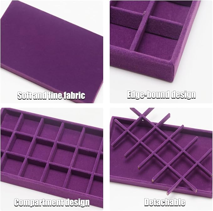 Velvet Jewelry Trays for Drawers, Purple Stackable Jewelry Drawer Organizer Inserts, Ring Earring Necklace Bracelet Holder Organizer Storage Display Tray with Removable Dividers, 18 Grids